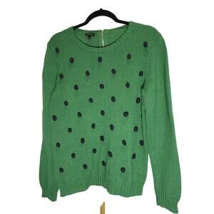 Talbots Sweater Green w/ Navy Pom Poms Back Zip Women’s Large Crew Neck Size L